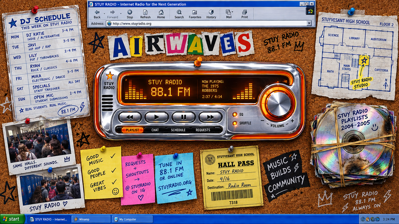 Website mood board: a corkboard collage with a chrome car-stereo-styled player, a handwritten DJ schedule, hall pass, and a Stuyvesant High School floor map