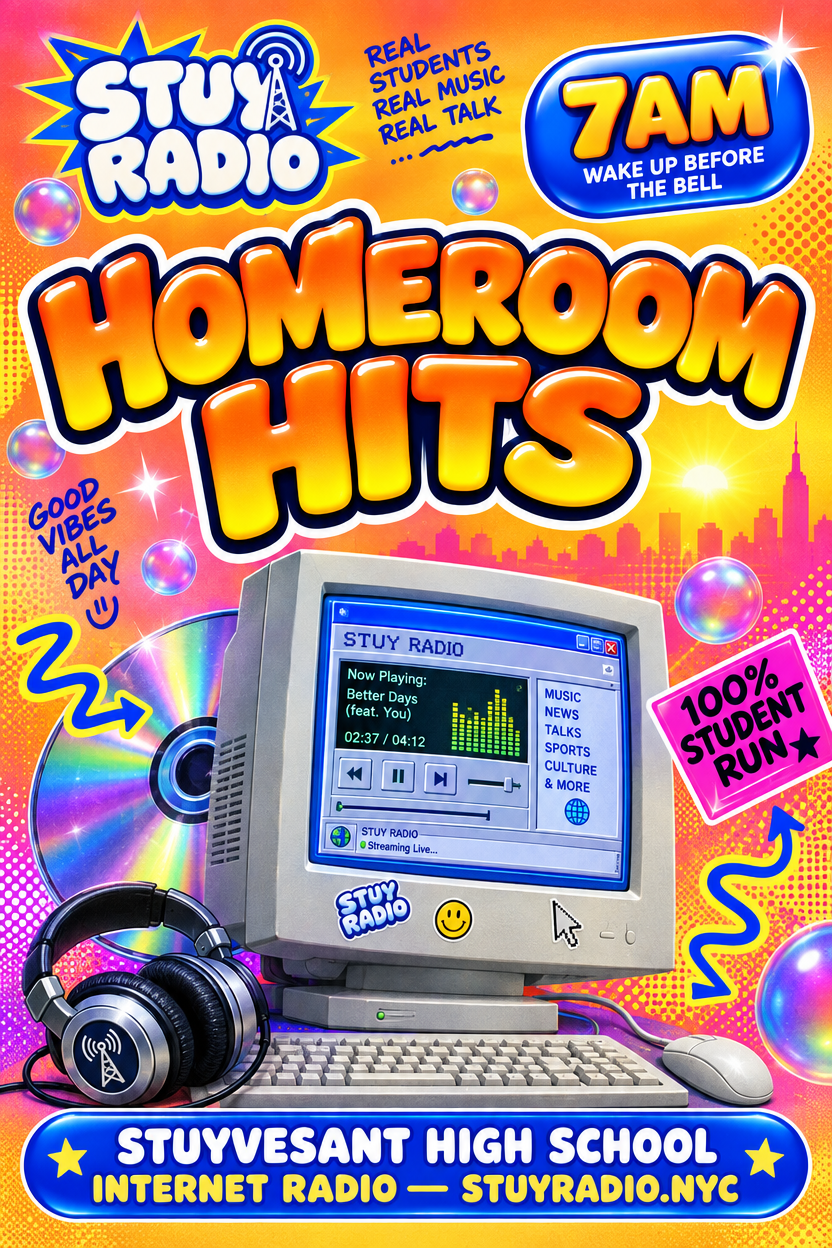 Show flyer: HOMEROOM HITS, 7AM wake up before the bell, a retro CRT monitor playing the stream, 100% student run, Stuyvesant High School Internet Radio