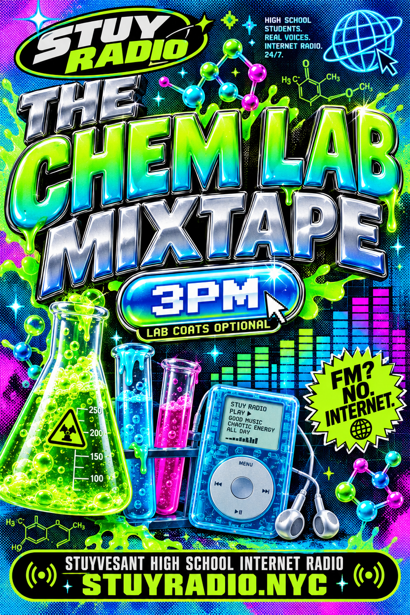 Show flyer: THE CHEM LAB MIXTAPE, 3PM, lab coats optional, glowing beakers and an old iPod, tagline FM? NO. INTERNET, Stuyvesant High School Internet Radio