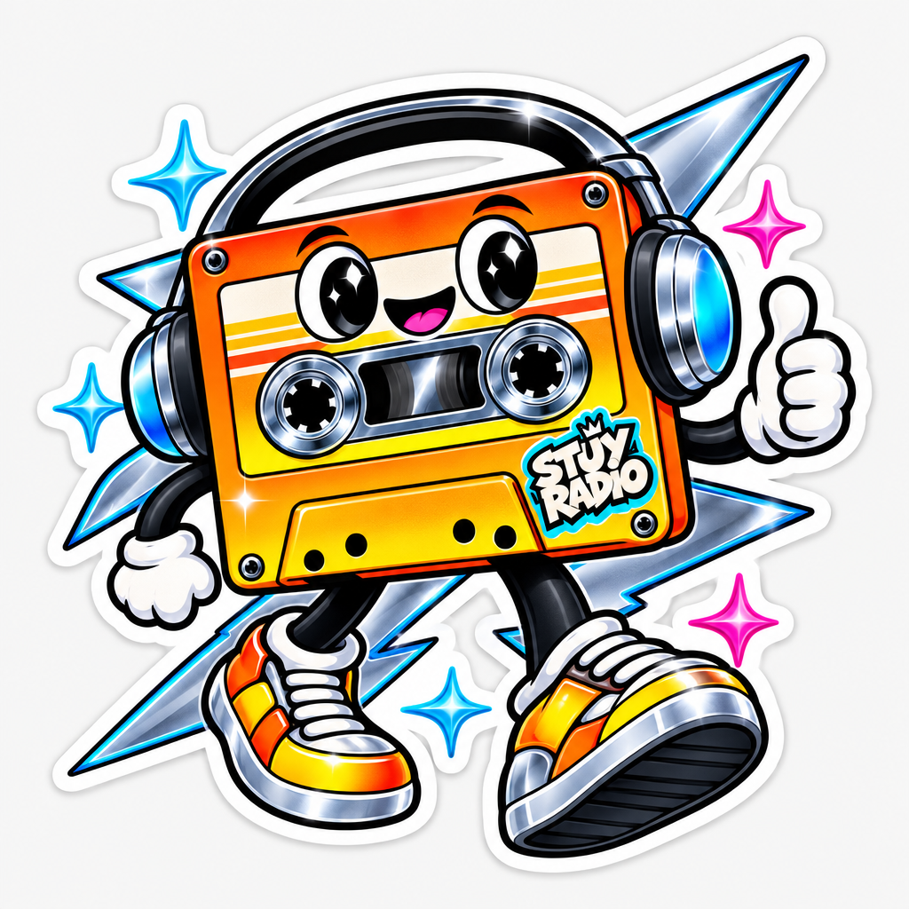Die-cut sticker: a cartoon cassette tape mascot with headphones, sneakers, and a thumbs-up, labeled STUY RADIO
