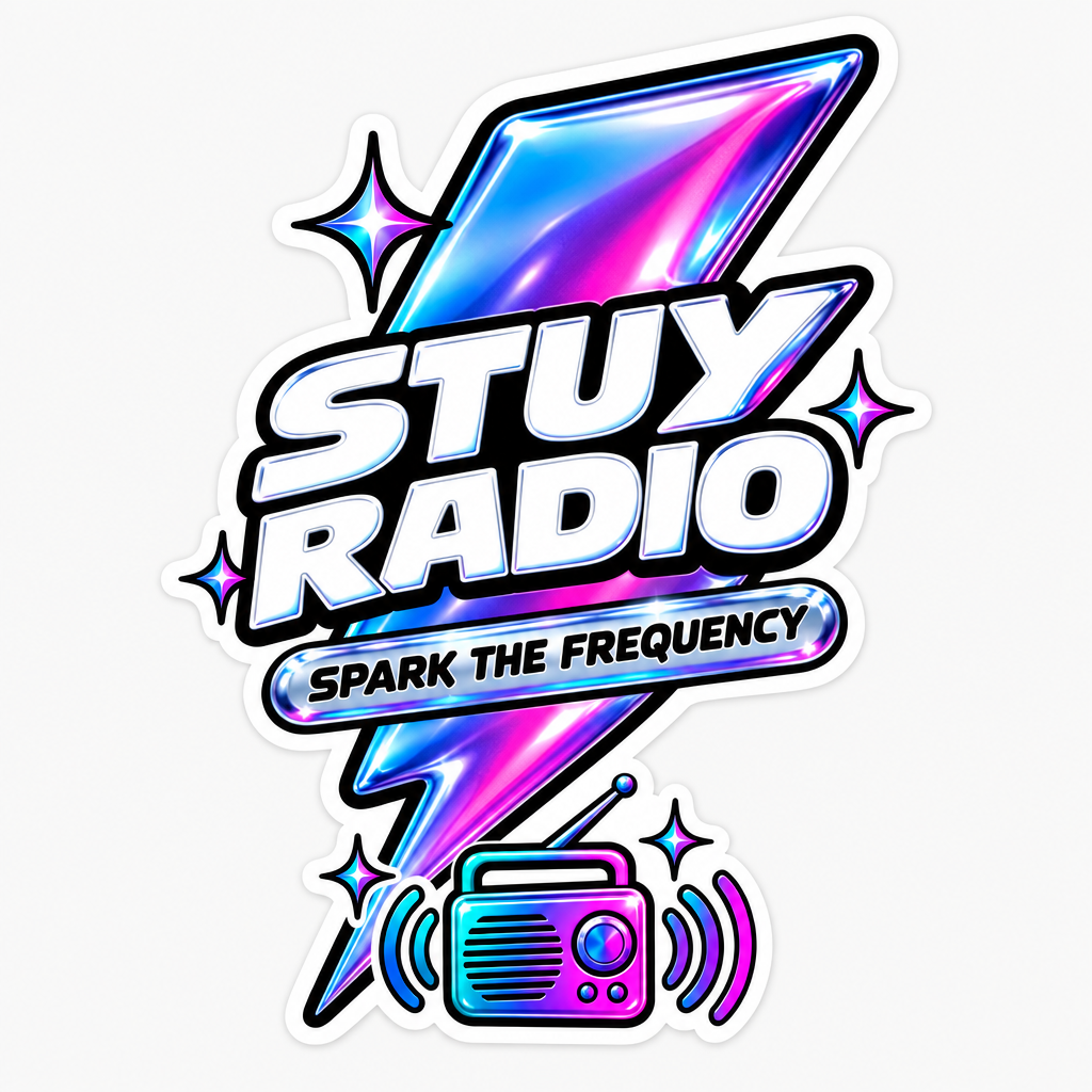 Die-cut sticker: a chrome lightning bolt with STUY RADIO and the tagline SPARK THE FREQUENCY, next to a small pink radio icon